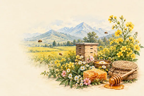 Idyllic Himalayan meadow with wooden beehives, blooming wildflowers, golden honey combs and dripper
