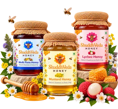 ShuddhVeda artisan honey jars with floral ingredients and honeycomb