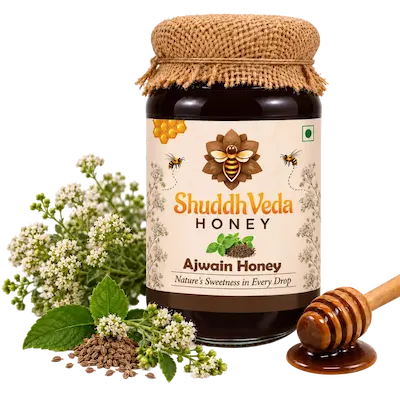 ShuddhVeda Ajwain Honey with botanical ajwain blooms and seeds