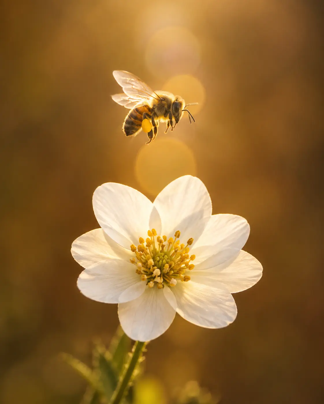 Honey bee with pollen basket hovering above a delicate white bloom in warm golden sunlight