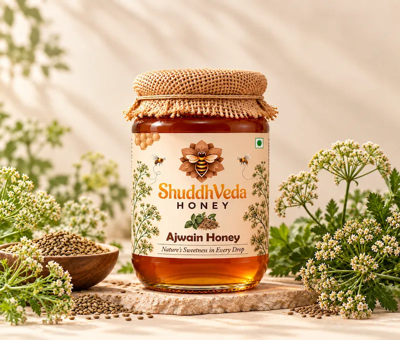 Jar of ShuddhVeda Ajwain Honey from ajwain blossoms