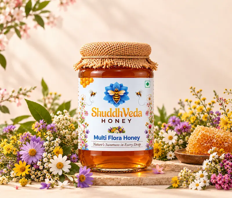 Jar of ShuddhVeda Multi Flora Honey from diverse seasonal blossoms