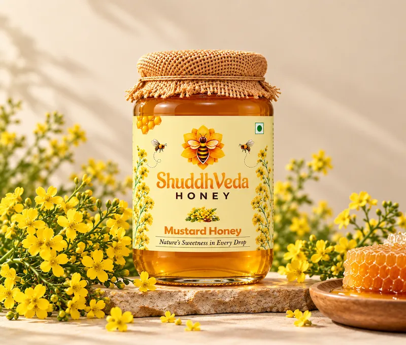 Jar of ShuddhVeda Mustard Honey from mustard blossoms