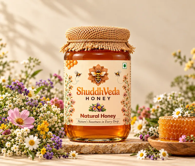 Jar of ShuddhVeda Natural Honey from diverse wild flora